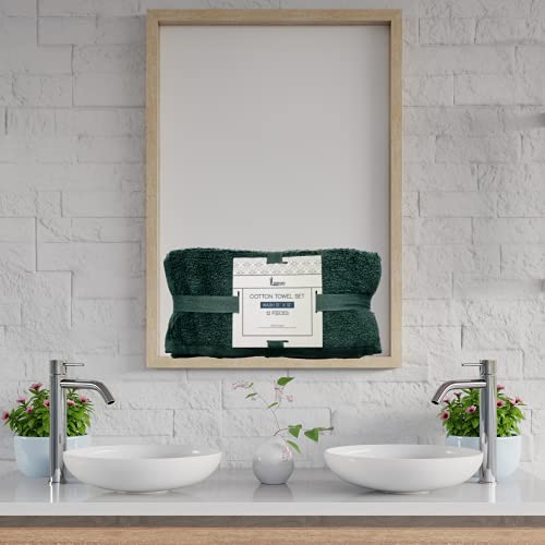 Linteum Textile 12 Piece Face Towel Set, 12x12 Inch, 100% Soft Cotton 16 Single Ring Spun Premium Washcloths Absorbent Durable Luxurious Face Towel (Hunter Green)