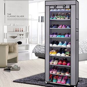 NC 10 Tier Shoe Rack Storage Organizer, 36 Pairs Portable Double Row Shoe Rack Shelf Cabinet Tower for Closet with Nonwoven Fabric Cover (Gray), (58 x 29 x 160)cm