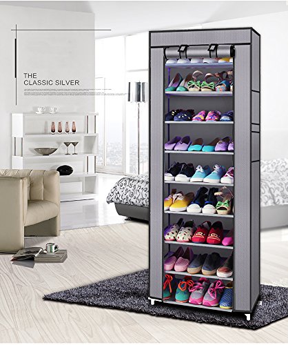 NC 10 Tier Shoe Rack Storage Organizer, 36 Pairs Portable Double Row Shoe Rack Shelf Cabinet Tower for Closet with Nonwoven Fabric Cover (Gray), (58 x 29 x 160)cm