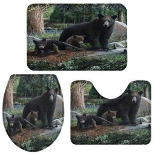 3 Pieces Bathroom Rug Set Rustic Black Family Bears and Cubs 20x32in Non-Slip Absorbent Bathroom Rug 16x20in U-Shape Contoured Toilet Mat Wild Animal Forest 16x18in Toilet Lid Cover for Bathroom