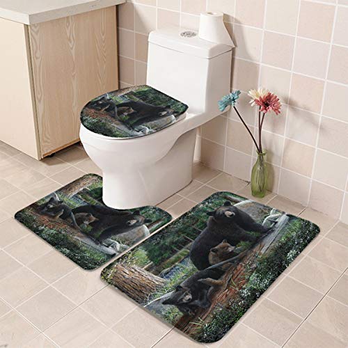 3 Pieces Bathroom Rug Set Rustic Black Family Bears and Cubs 20x32in Non-Slip Absorbent Bathroom Rug 16x20in U-Shape Contoured Toilet Mat Wild Animal Forest 16x18in Toilet Lid Cover for Bathroom