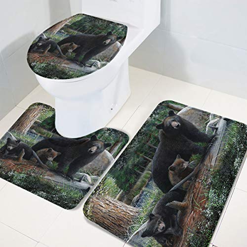 3 Pieces Bathroom Rug Set Rustic Black Family Bears and Cubs 20x32in Non-Slip Absorbent Bathroom Rug 16x20in U-Shape Contoured Toilet Mat Wild Animal Forest 16x18in Toilet Lid Cover for Bathroom