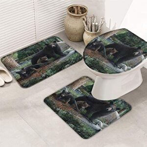 3 Pieces Bathroom Rug Set Rustic Black Family Bears and Cubs 20x32in Non-Slip Absorbent Bathroom Rug 16x20in U-Shape Contoured Toilet Mat Wild Animal Forest 16x18in Toilet Lid Cover for Bathroom