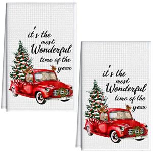 2 pieces christmas red truck hand towels,15.7 x 23.6 inch, red truck towels for christmas waffle towels christmas kitchen dish towels for christmas holidays baking kitchen bathroom bar decorations