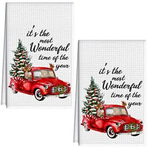 2 Pieces Christmas Red Truck Hand Towels,15.7 x 23.6 Inch, Red Truck Towels for Christmas Waffle Towels Christmas Kitchen Dish Towels for Christmas Holidays Baking Kitchen Bathroom Bar Decorations