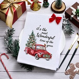 2 Pieces Christmas Red Truck Hand Towels,15.7 x 23.6 Inch, Red Truck Towels for Christmas Waffle Towels Christmas Kitchen Dish Towels for Christmas Holidays Baking Kitchen Bathroom Bar Decorations