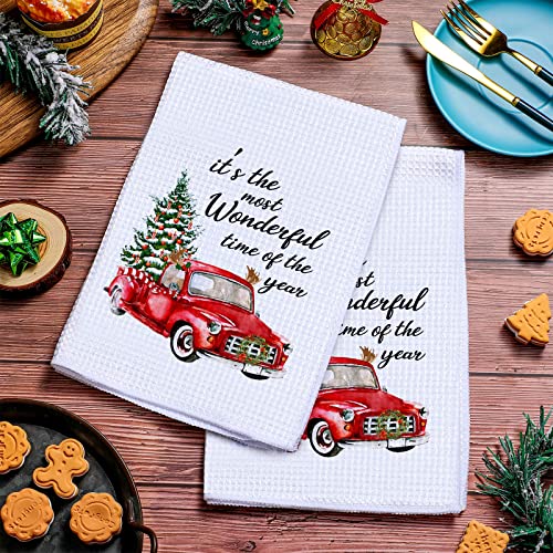 2 Pieces Christmas Red Truck Hand Towels,15.7 x 23.6 Inch, Red Truck Towels for Christmas Waffle Towels Christmas Kitchen Dish Towels for Christmas Holidays Baking Kitchen Bathroom Bar Decorations