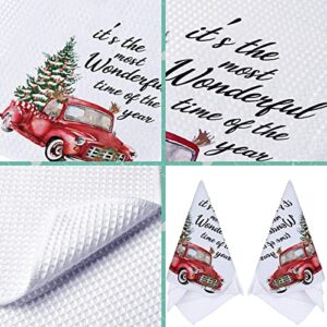 2 Pieces Christmas Red Truck Hand Towels,15.7 x 23.6 Inch, Red Truck Towels for Christmas Waffle Towels Christmas Kitchen Dish Towels for Christmas Holidays Baking Kitchen Bathroom Bar Decorations