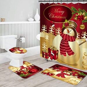crtepst 4pcs christmas shower curtain set,christmas shower curtain,non-slip bathroom rugs,toilet cover ,bath mat,christmas bathroom snowman decorations santa claus xmas decor (golden snowman)