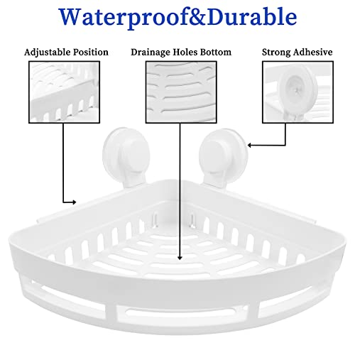 suiwotin Corner Shower Caddy Suction Cup, Vacuum Adhesive Bathroom Shower Shelf, No-Drilling Removable Shower Storage Organizer, Waterproof Shower Basket for Kitchen (White)