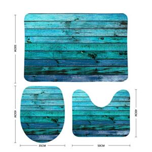 My Daily 3 Piece Bathroom Rug Set Ocean Aqua Blue Teal Old Wood Background Turquoise Non-Slip Contour Mat + Toilet Lid Cover + Bath Mat