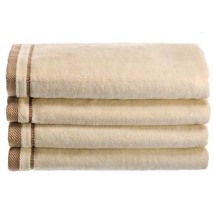 creative scents 100% cotton velour fingertip towels - 4 pack 11 by 18 inch – decorative, extra absorbent and soft face towel, ideal for bathroom and powder room (cream with embroidered brown trim)