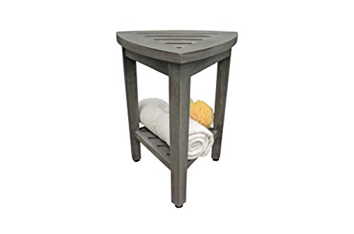 CoastalVogue Flexi Corner Teak Shower Corner Stool Wood Corner Shower Seat Spa Bench with Shelf, 15" Corner Shower Foot Stool in Antique Gray Finish