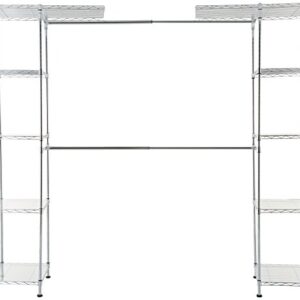 Amazon Basics Expandable Metal Hanging Storage Organizer Rack Wardrobe with Shelves, 14"-63" x 58"-72", Chrome & Collapsible Fabric Storage Cubes Organizer with Handles, Beige - Pack of 6
