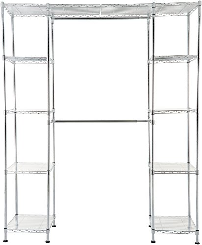 Amazon Basics Expandable Metal Hanging Storage Organizer Rack Wardrobe with Shelves, 14"-63" x 58"-72", Chrome & Collapsible Fabric Storage Cubes Organizer with Handles, Beige - Pack of 6