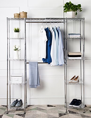 Amazon Basics Expandable Metal Hanging Storage Organizer Rack Wardrobe with Shelves, 14"-63" x 58"-72", Chrome & Collapsible Fabric Storage Cubes Organizer with Handles, Beige - Pack of 6