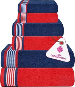 casa copenhagen designed in denmark 550 gsm 2 large bath towels 2 large hand towels 2 washcloths, super soft egyptian cotton 6 towels set for bathroom, kitchen & shower - american blue & red