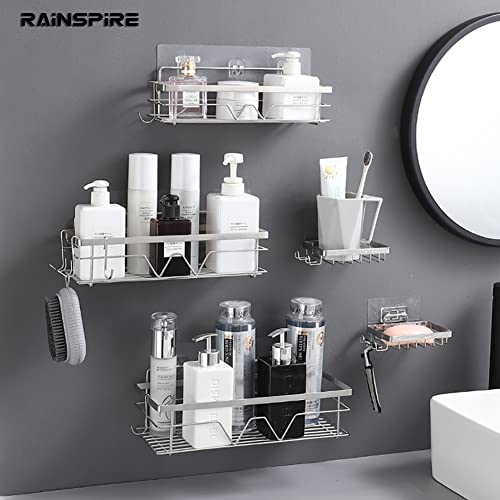 Rainspire Adhesive Shower Caddy, Large Capacity Self Adhesive Shower Shelves for Inside Shower, Shower Rack Shower Shelf for Inside Shower Stainless Steel Bathroom Shower Organizer, Large, Silver