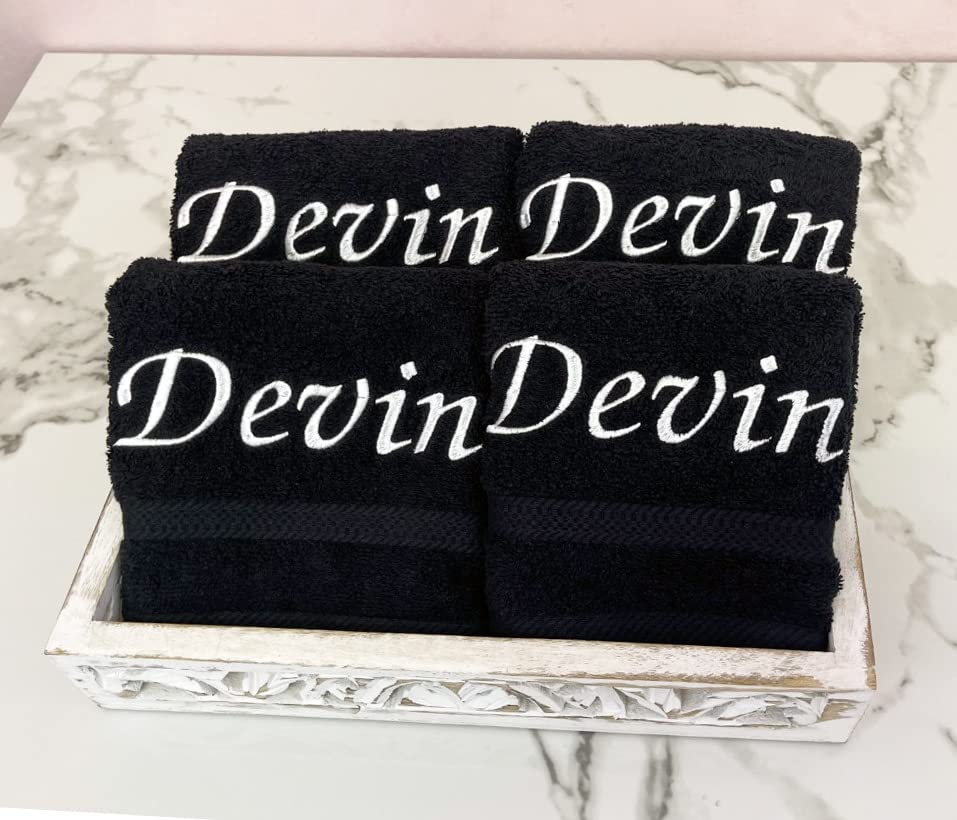 Custom Embroidered Washcloth Towel Set for Body and face. 100% Soft Cotton Embroidered Makeup Washcloths. Facial and Body Cleansing, Reusable Face and Body Towel Set. Set of Four. (Black)