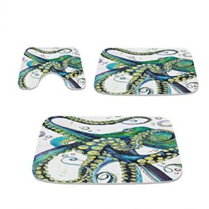 colorful fashion octopus bathroom rugs and funny ocean decor mats sets 3 piece, velvet memory foam anime nautical theme bath mat, large small and u-shaped contour shower mat non-slip washable