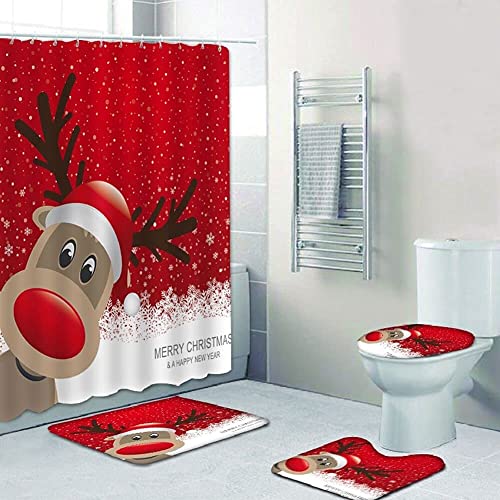 CRTEPST 4Pcs Christmas Shower Curtain Set,Christmas Shower Curtain,Non-Slip Bathroom Rugs,Toilet Cover,Bath Mat,Christmas Bathroom Snowman Decorations Santa Claus Xmas Decor (Christmas Elk)