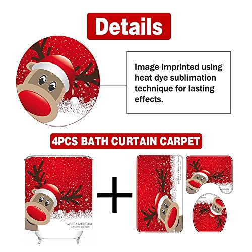 CRTEPST 4Pcs Christmas Shower Curtain Set,Christmas Shower Curtain,Non-Slip Bathroom Rugs,Toilet Cover,Bath Mat,Christmas Bathroom Snowman Decorations Santa Claus Xmas Decor (Christmas Elk)