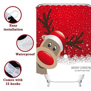 CRTEPST 4Pcs Christmas Shower Curtain Set,Christmas Shower Curtain,Non-Slip Bathroom Rugs,Toilet Cover,Bath Mat,Christmas Bathroom Snowman Decorations Santa Claus Xmas Decor (Christmas Elk)