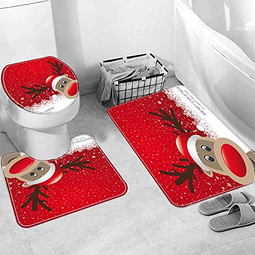 CRTEPST 4Pcs Christmas Shower Curtain Set,Christmas Shower Curtain,Non-Slip Bathroom Rugs,Toilet Cover,Bath Mat,Christmas Bathroom Snowman Decorations Santa Claus Xmas Decor (Christmas Elk)