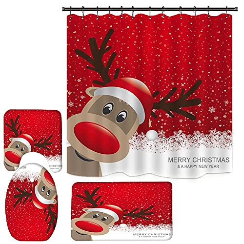 CRTEPST 4Pcs Christmas Shower Curtain Set,Christmas Shower Curtain,Non-Slip Bathroom Rugs,Toilet Cover,Bath Mat,Christmas Bathroom Snowman Decorations Santa Claus Xmas Decor (Christmas Elk)