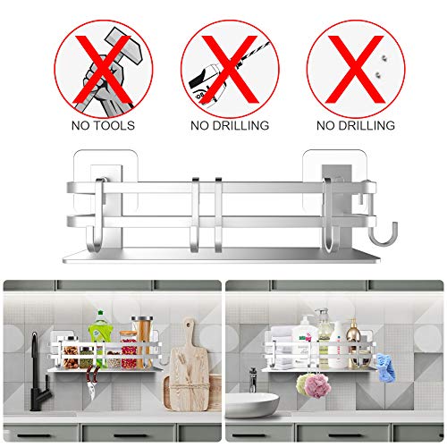 HomeGoGo Shower Caddy Bathroom Shelf, Bathroom Storage Organizer with Adhesive, No Drilling Rustproof Food Storage Basket, Kitchen Spice Racks, Silver