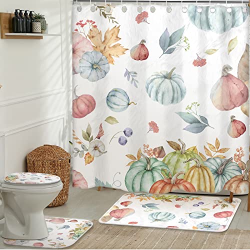 Thanksgiving Shower Curtain Set Fall Pumpkin Shower Curtain Sets 4 Pcs Autumn Waterproof Polyester Bath Curtains with Hooks Non Slip Rug Toilet Lid Cover and Bath Mat Bathroom Decor Set, 72" x 72"