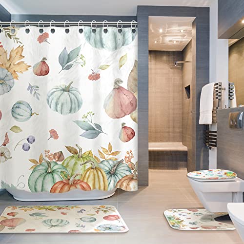 Thanksgiving Shower Curtain Set Fall Pumpkin Shower Curtain Sets 4 Pcs Autumn Waterproof Polyester Bath Curtains with Hooks Non Slip Rug Toilet Lid Cover and Bath Mat Bathroom Decor Set, 72" x 72"