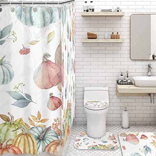 Thanksgiving Shower Curtain Set Fall Pumpkin Shower Curtain Sets 4 Pcs Autumn Waterproof Polyester Bath Curtains with Hooks Non Slip Rug Toilet Lid Cover and Bath Mat Bathroom Decor Set, 72" x 72"