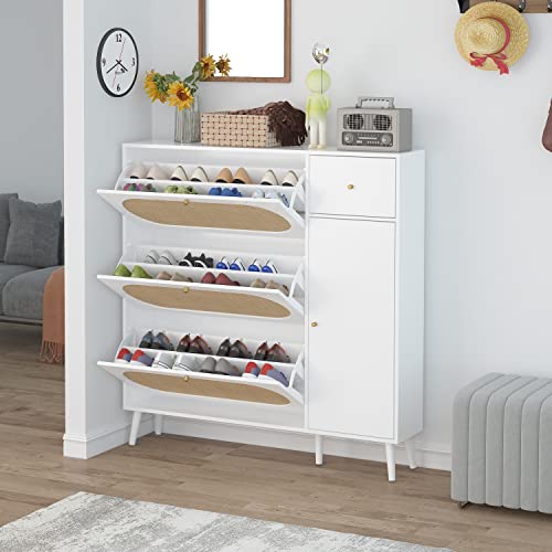 Pvillez Shoe Storage with Flip Drawers,NaturalRattan Shoe Cabinets,Shoe Organizer RackWooden Shoe Organizer for Entryway/Bedroom/Living Room/Apartment,Free Standing