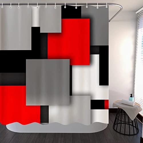 BIUSTAR 4 Piece Set Geometric Shower Curtain, Red Black Gray Bathroom Set with Shower Curtain, Rugs, Toilet Lid Cover,72 x 72 inch, Waterproof, 12 Hooks