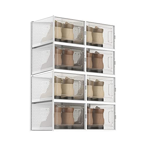 WAYTRIM Stackabke Clear Shoe Box 8 Pack Foldable Shoe Storage Boxes Dorp Front Shoe Organizer Clear Plastic Shoe Containers Fit to Women Size 13 Clear White