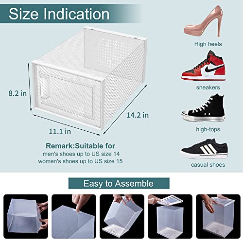 WAYTRIM Stackabke Clear Shoe Box 8 Pack Foldable Shoe Storage Boxes Dorp Front Shoe Organizer Clear Plastic Shoe Containers Fit to Women Size 13 Clear White