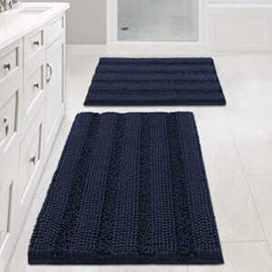 2 piece bathroom set bathroom rugs slip-resistant extra absorbent soft and fluffy striped bath mat set chenille bath rugs, floor mats dry fast machine washable (navy blue, 20" x 32"/17" x 24")