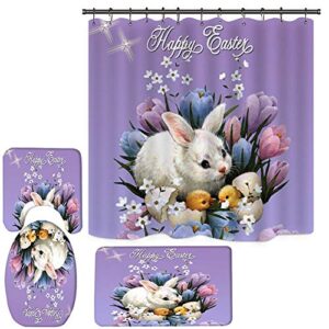 anntool 4 pieces happy easter shower curtain sets with non-slip rugs, toilet lid cover, bath mat and 12 hooks, funny rabbit colorful eggs shower curtain for easter decoration (a31)