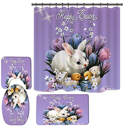 Anntool 4 Pieces Happy Easter Shower Curtain Sets with Non-Slip Rugs, Toilet Lid Cover, Bath Mat and 12 Hooks, Funny Rabbit Colorful Eggs Shower Curtain for Easter Decoration (A31)