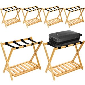 6 pack luggage rack with shelf, folding suitcase stand, double tiers luggage holder with lower storage shelf and black straps for guest room, bedroom, hotel