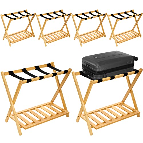 6 Pack Luggage Rack with Shelf, Folding Suitcase Stand, Double Tiers Luggage Holder with Lower Storage Shelf and Black Straps for Guest Room, Bedroom, Hotel