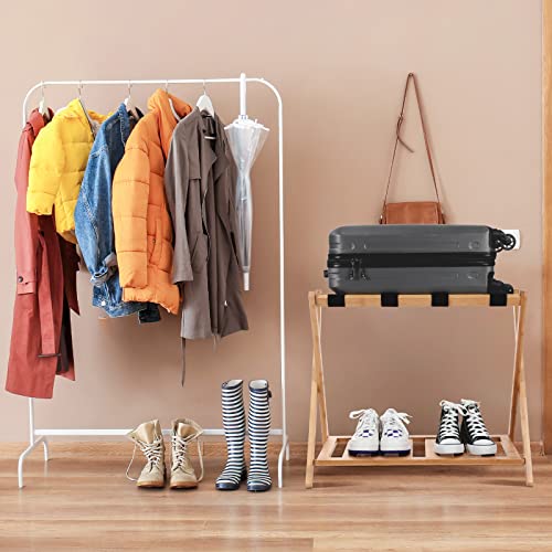 6 Pack Luggage Rack with Shelf, Folding Suitcase Stand, Double Tiers Luggage Holder with Lower Storage Shelf and Black Straps for Guest Room, Bedroom, Hotel