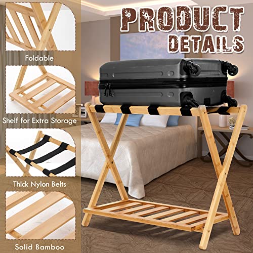 6 Pack Luggage Rack with Shelf, Folding Suitcase Stand, Double Tiers Luggage Holder with Lower Storage Shelf and Black Straps for Guest Room, Bedroom, Hotel