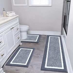 pauwer bathroom rug mat set 3 piece, microfiber shaggy bath mat set, non-slip ultra soft carpet mats, absorbent bathroom mat set with u-shaped toilet mat for bathroom, tub, shower, dark grey