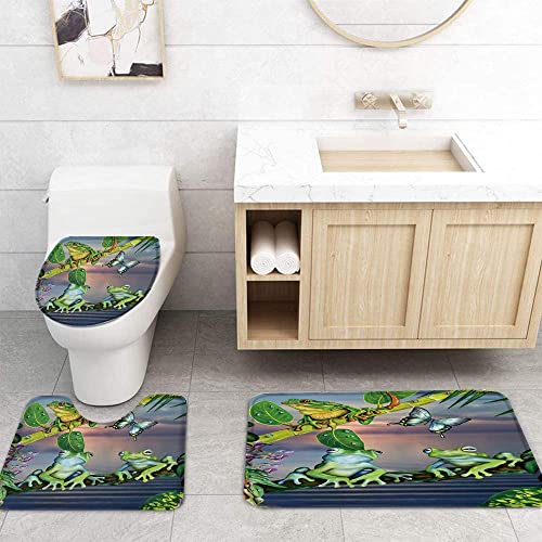 AKvsoze 4 Pcs Bathroom Shower Curtain Sets with Non-Slip Rugs, Toilet Lid Cover and Bath Mat Cartton Frog and Butterfly Waterproof Bath Curtain with Rustproof Hooks