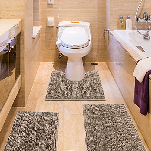 ACCUMTEK Striped Ultra Soft Bathroom Rugs and Mats Set 3 Pieces Bathroom Rug Set Beige, Thick Chenille Bath Rugs Non Slip Bath Mats for Bathroom, Toilet, Bedroom, Kitchen