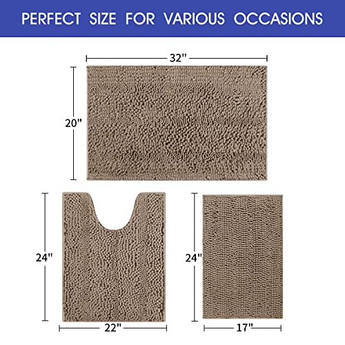 ACCUMTEK Striped Ultra Soft Bathroom Rugs and Mats Set 3 Pieces Bathroom Rug Set Beige, Thick Chenille Bath Rugs Non Slip Bath Mats for Bathroom, Toilet, Bedroom, Kitchen