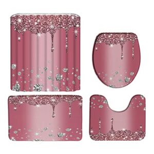 dsmeue glitter diamond 4 piece shower curtain sets with rugs，pink silver shiny drips falling bling women girl (no glitter) 70" x 70" bathroom curtain and 17.8"x29.5" bath mat,toilet cover, u-shaped
