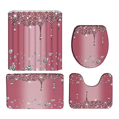 DSMEUE Glitter Diamond 4 Piece Shower Curtain Sets with Rugs，Pink Silver Shiny Drips Falling Bling Women Girl (No Glitter) 70" x 70" Bathroom Curtain and 17.8"x29.5" Bath Mat,Toilet Cover, U-Shaped